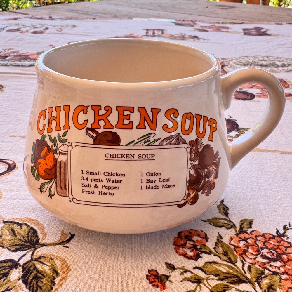 Vintage 1970s Chicken Soup Recipe Mug Ceramic Orange Retro Kitchen Cup
